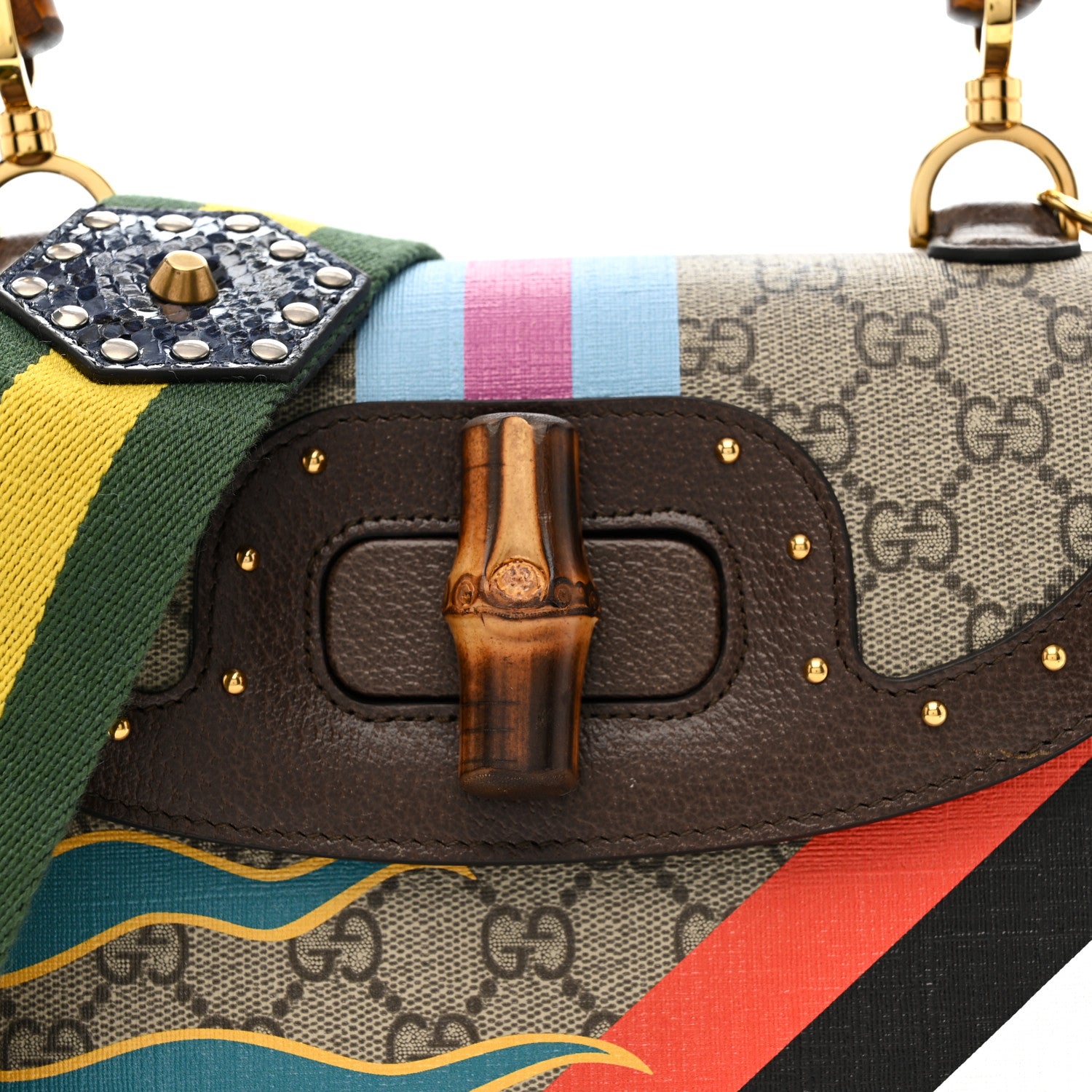 Gucci GG Supreme Monogram Studded Calfskin 100 Centennial Geometric Medium Bamboo 1947 Top Handle Bag Beige Ebony Multicolor 9 of 11