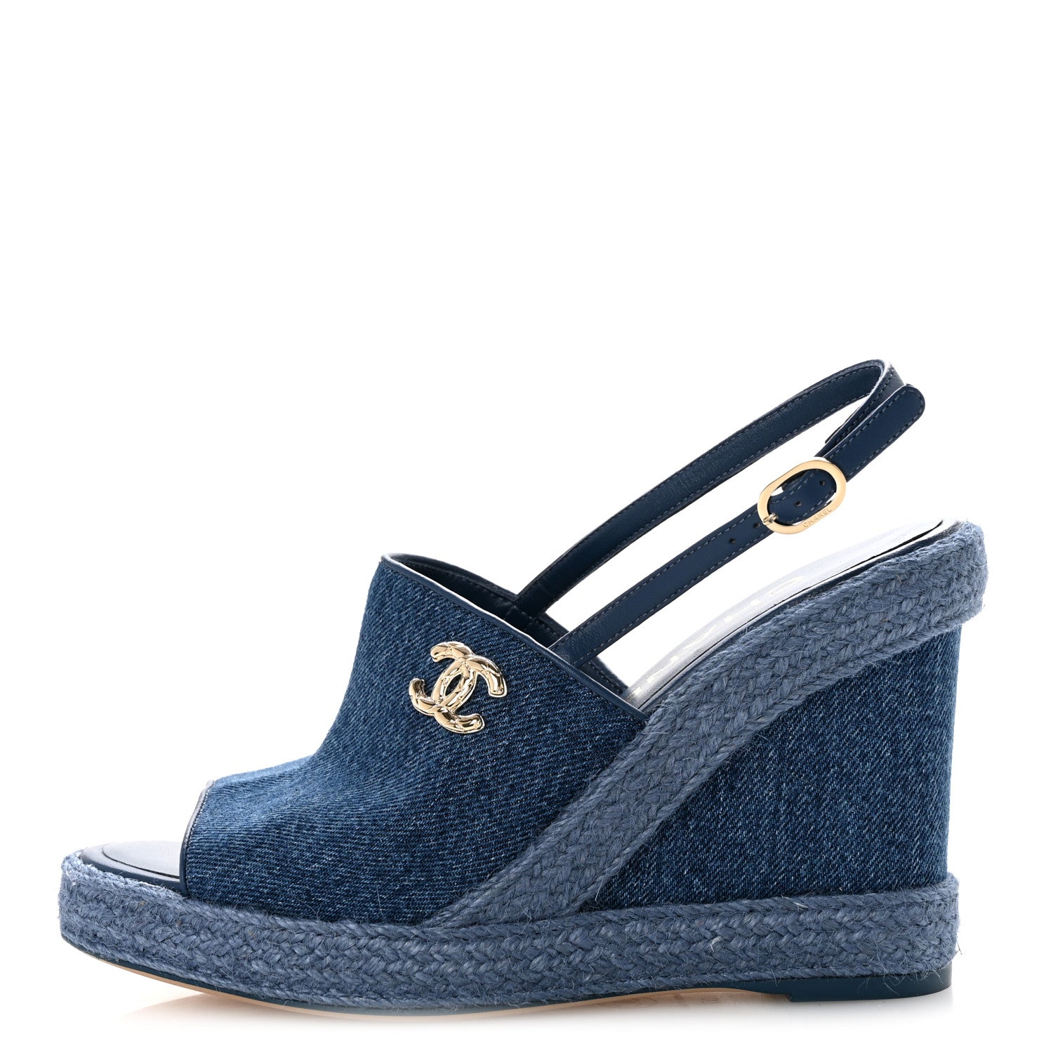 Chanel Washed Denim Braided Cord Wedge Sandals 37 Blue 1912513