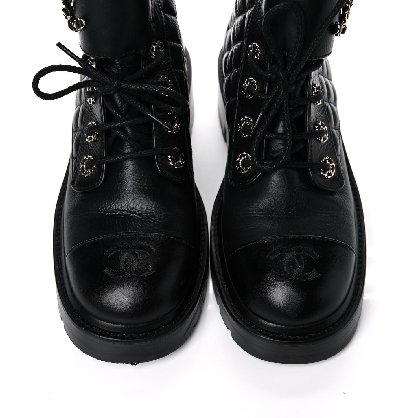 Shiny Goatskin Calfskin Quilted Lace Up Combat Boots 38 Black