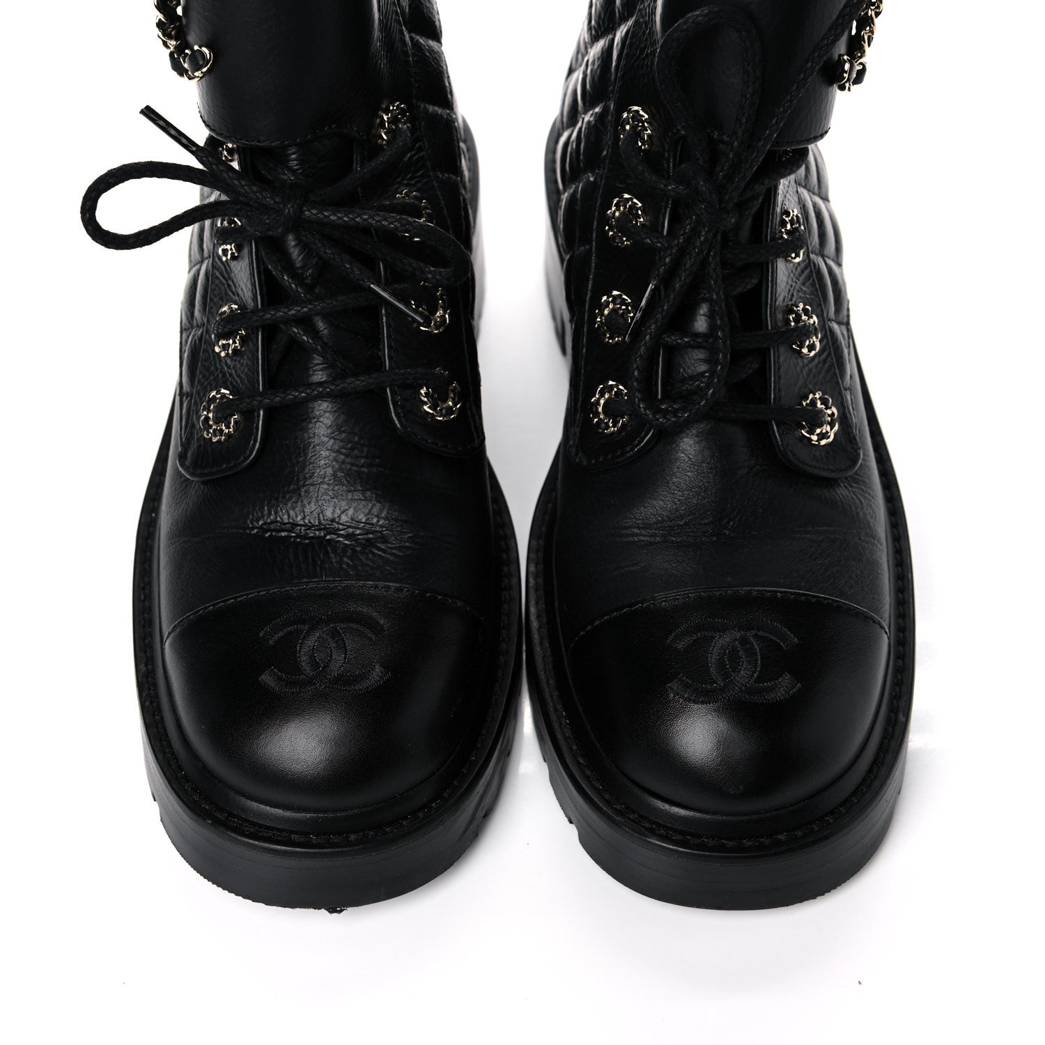 Chanel Shiny Goatskin Calfskin Quilted Lace Up Combat Boots 38 Black 13 of 13