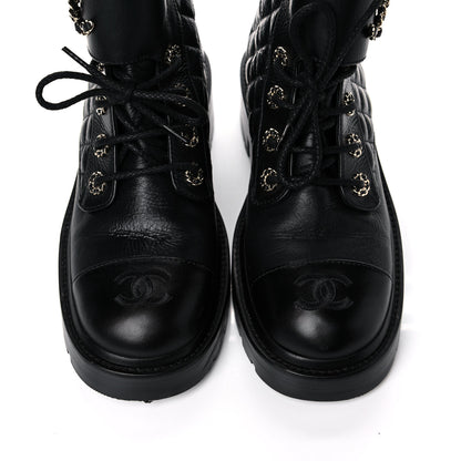 Chanel Shiny Goatskin Calfskin Quilted Lace Up Combat Boots 38 Black 13 of 13