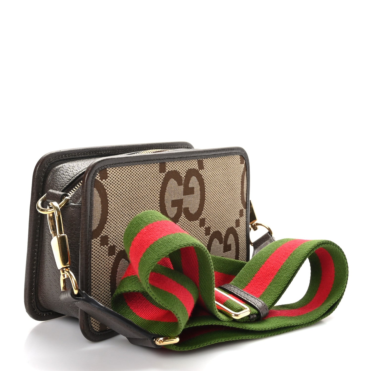 Gucci Monogram Jumbo GG Textured Dollar Calfskin Web Mini Crossbody Bag Camel Ebony New Acero 3 of 8
