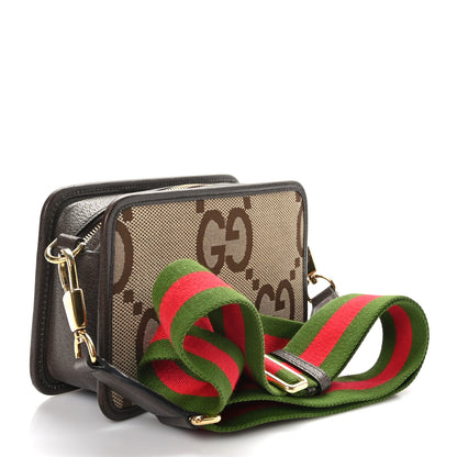 Gucci Monogram Jumbo GG Textured Dollar Calfskin Web Mini Crossbody Bag Camel Ebony New Acero 3 of 8