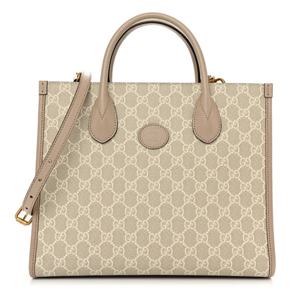 Gucci GG Supreme Monogram Textured Dollar Calfskin Small Retro Interlocking G Tote Bag Beige Mystic White Oatmeal 1 of 10