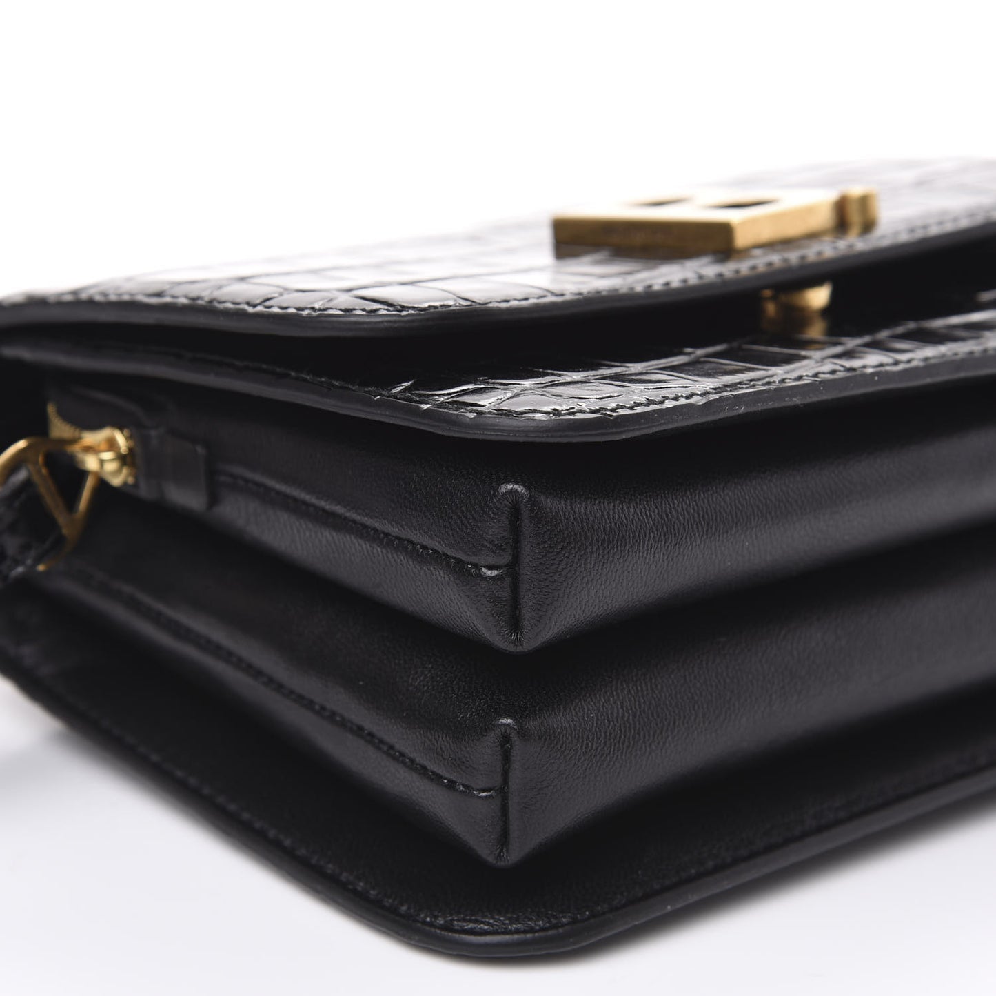 Shiny Calfskin Crocodile Embossed Small B Bag Black