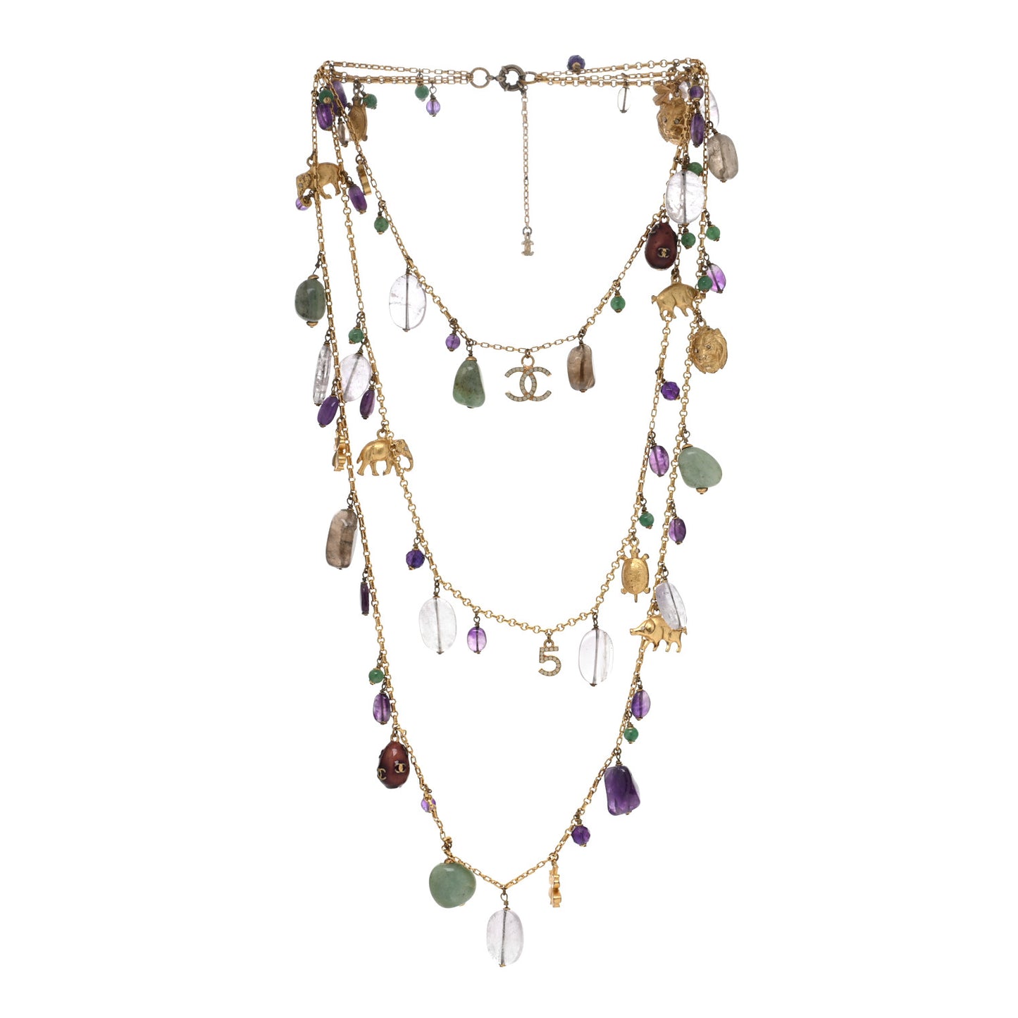 Pearl Beaded CC Multi Strand Animal Charm Necklace Gold Multicolor