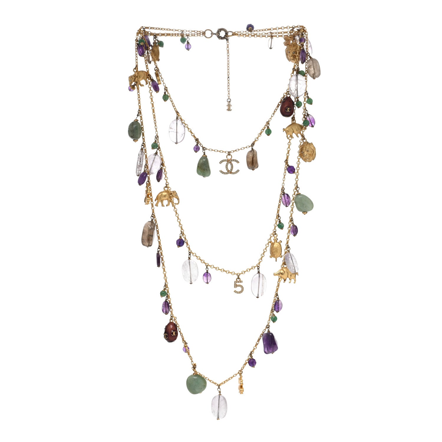 Chanel Pearl Beaded CC Multi Strand Animal Charm Necklace Gold Multicolor 2 of 4