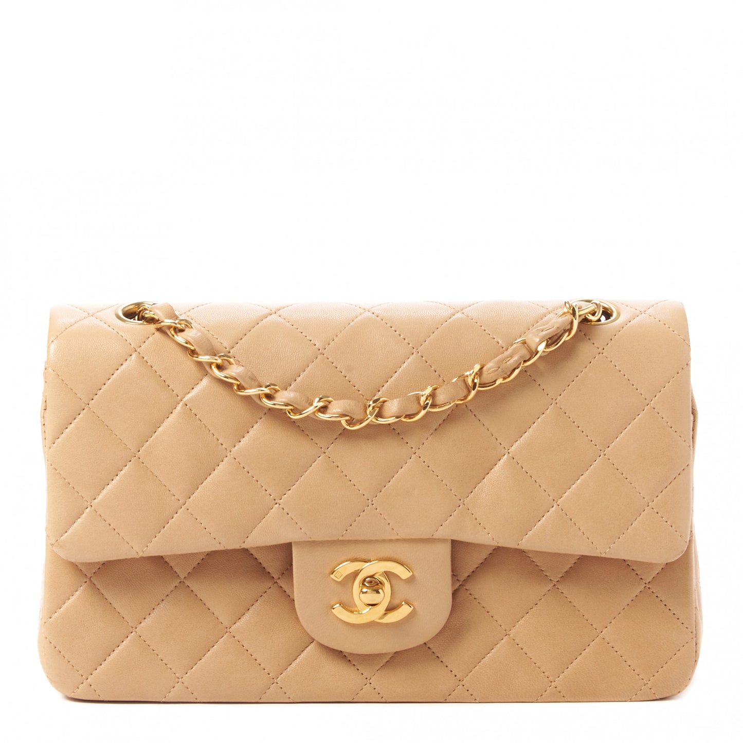 Lambskin Quilted Small Double Flap Beige