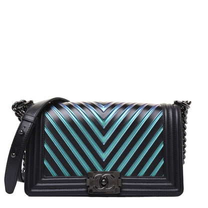 Chanel Calfskin Painted Chevron Embossed Medium Boy Flap Black 1 of 24