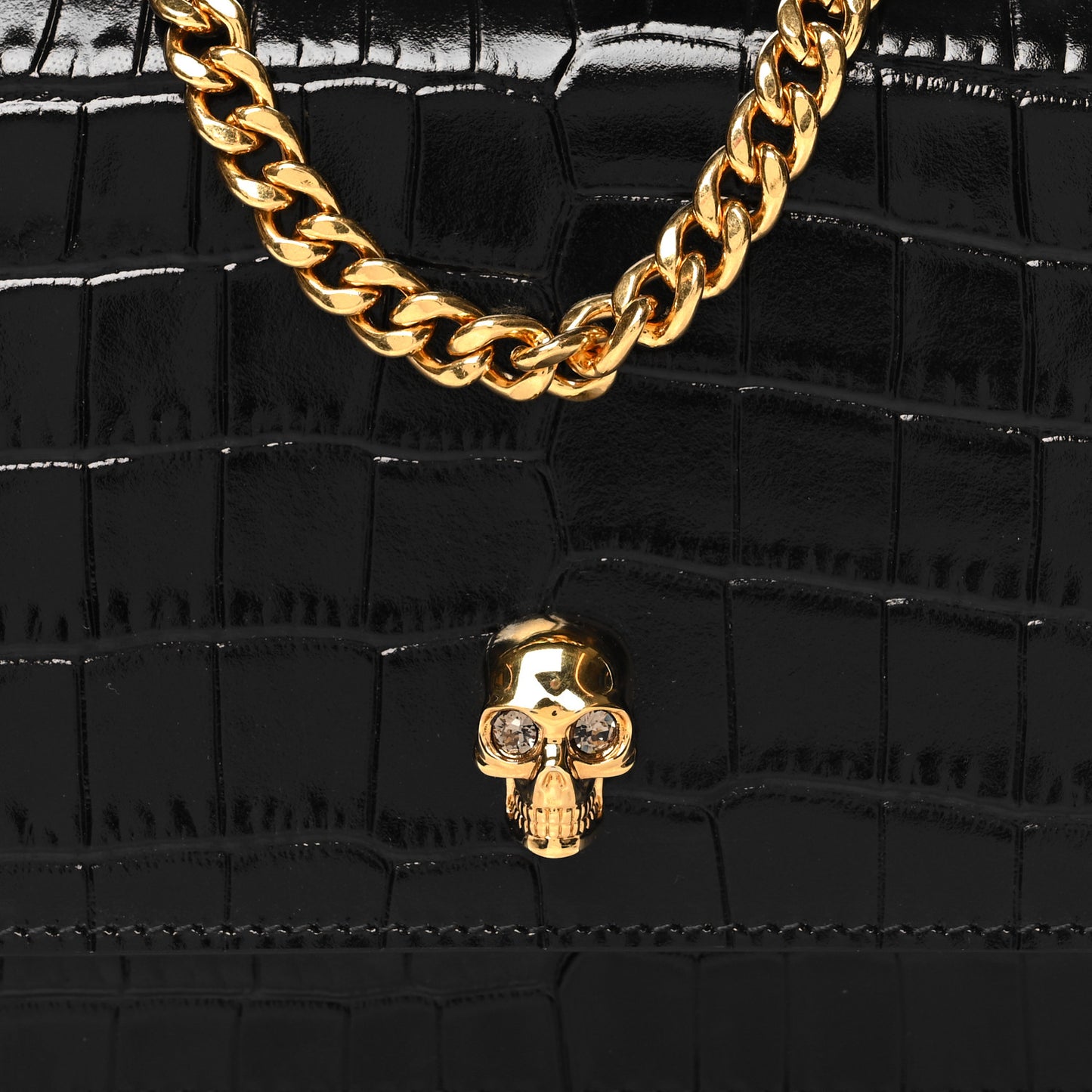 Calfskin Crocodile Embossed Skull Mini Crossbody Bag Black