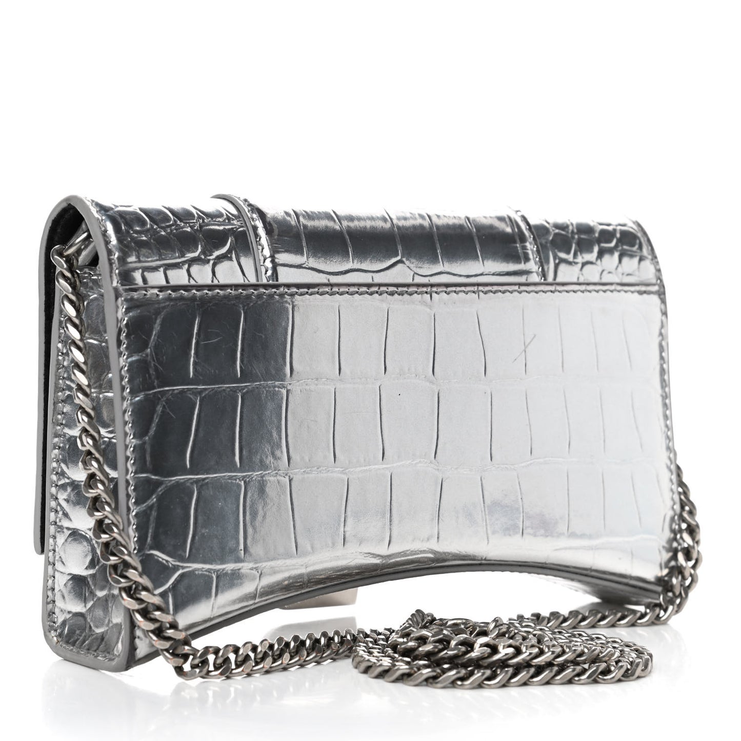 Metallic Calfskin Crocodile Embossed Hourglass Chain Bag Silver