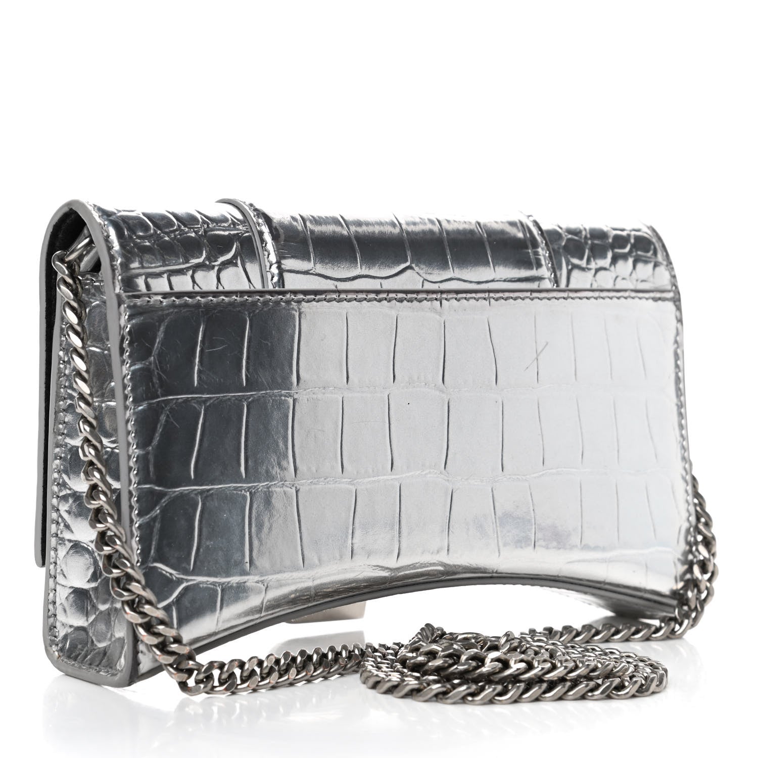 Balenciaga Metallic Calfskin Crocodile Embossed Hourglass Chain Bag Silver 2 of 7