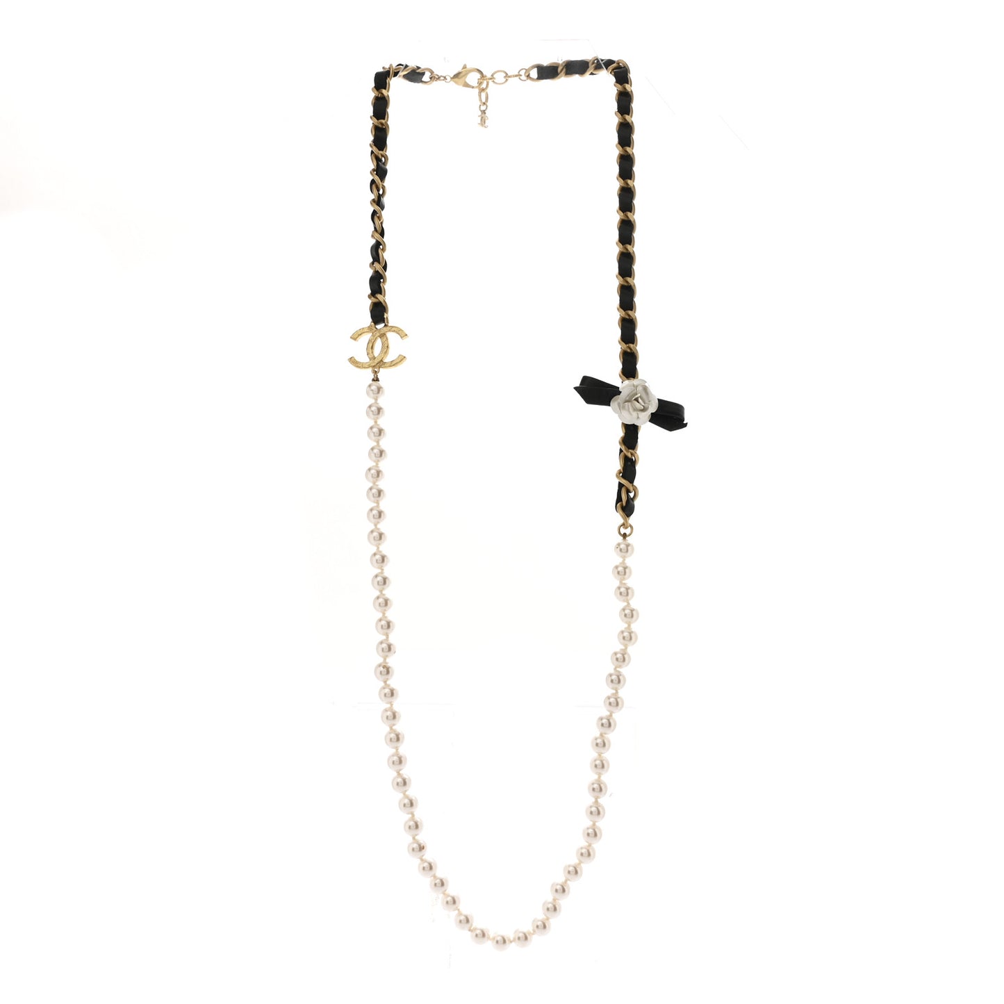 Pearl Lambskin CC Camellia Necklace Black Gold