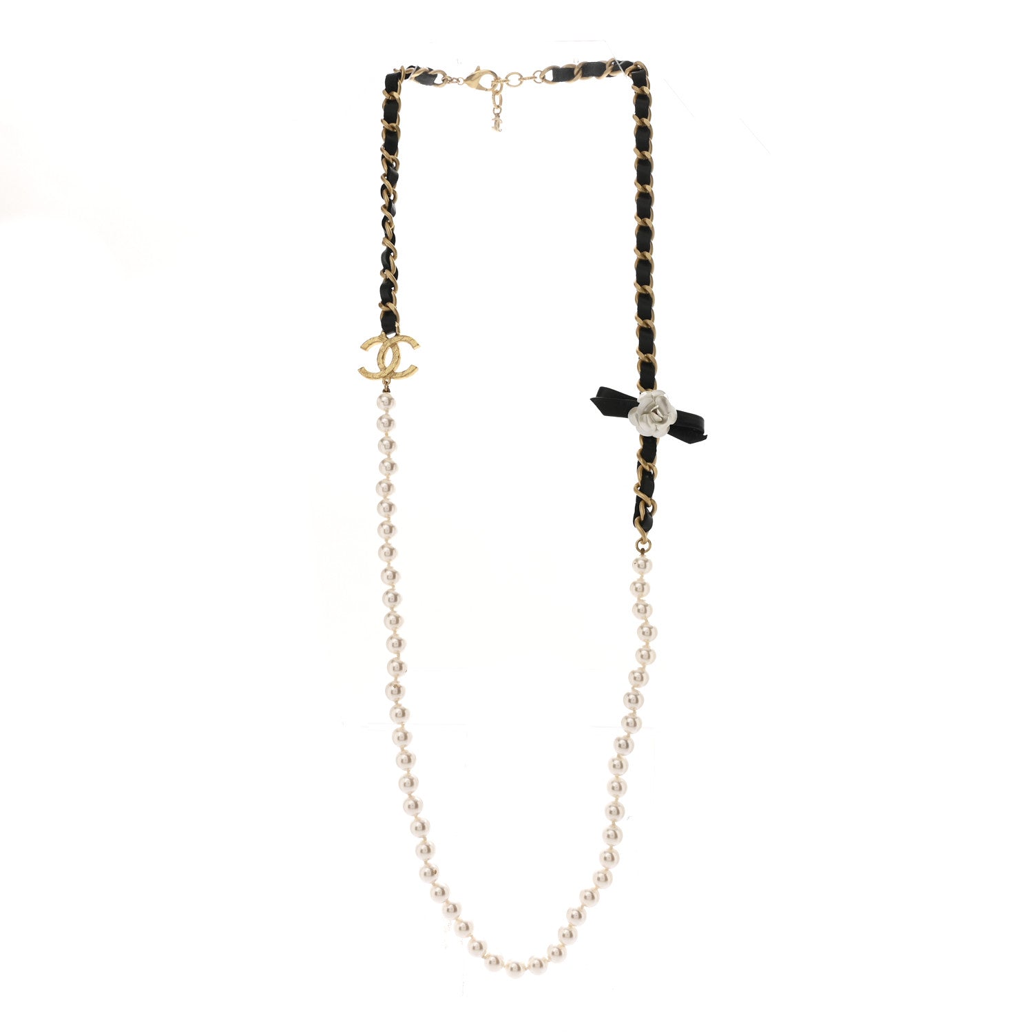 Chanel Pearl Lambskin CC Camellia Necklace Black Gold 3 of 6