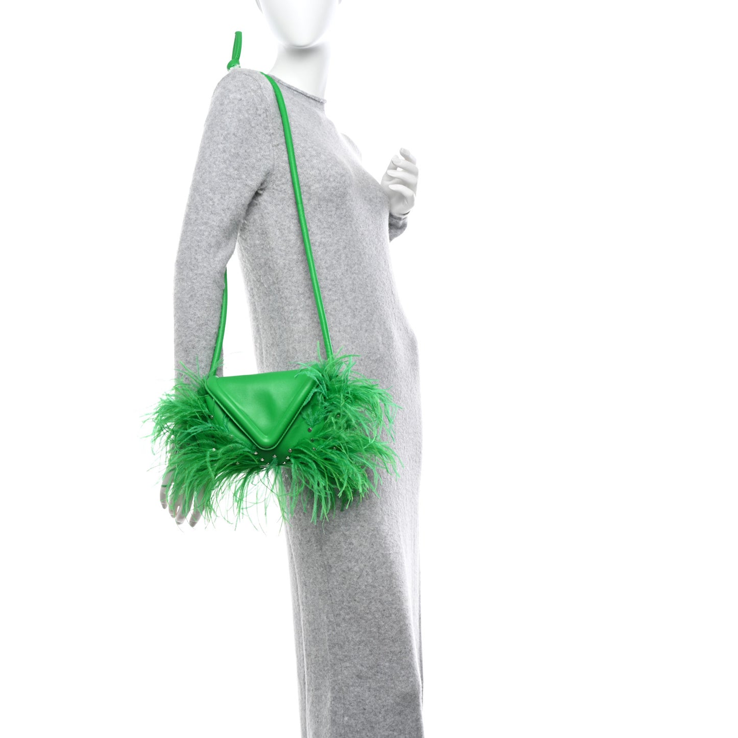 Lambskin Ostrich Feather Small Beak Triangle Flap Shoulder Bag Green