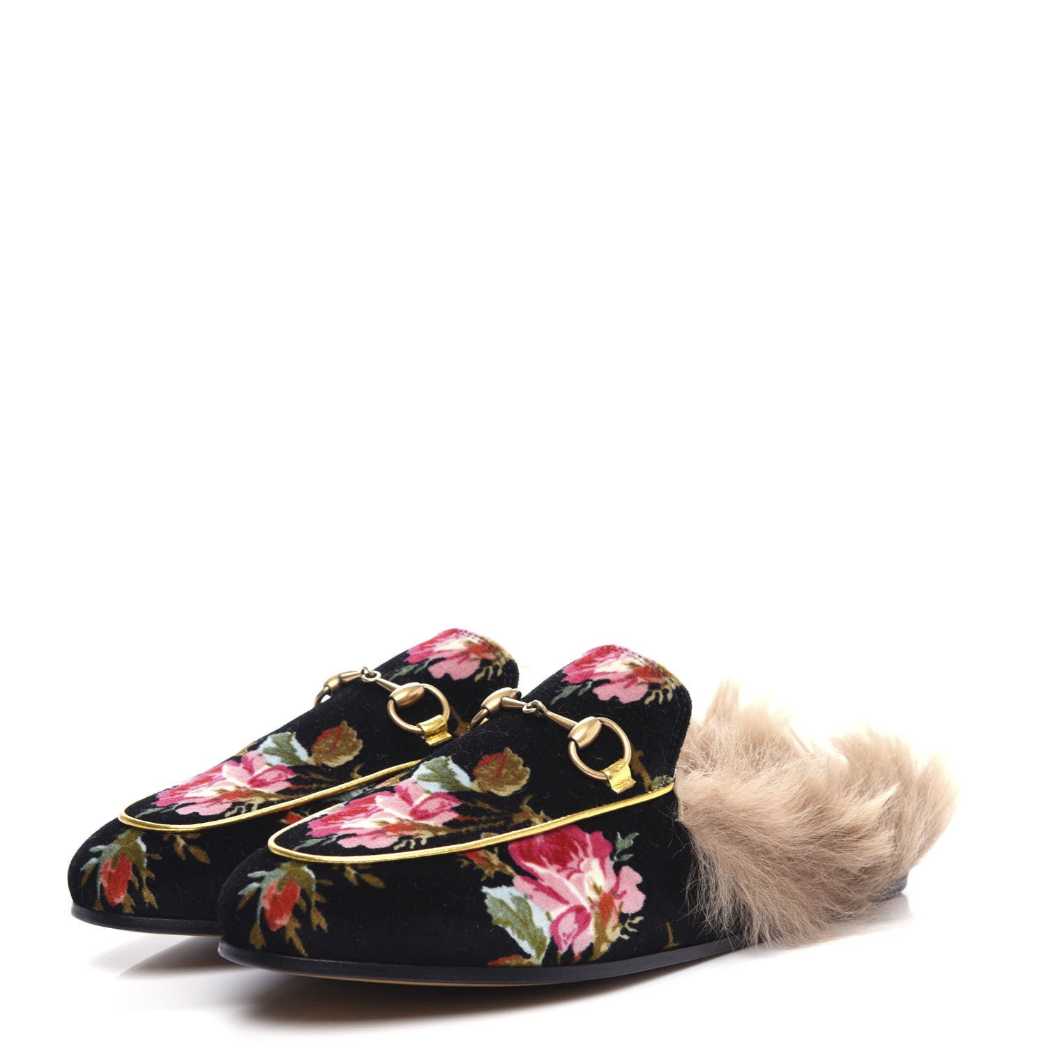 Gucci Velvet Fur Floral Womens Princetown Slippers 36 Black 3 of 10