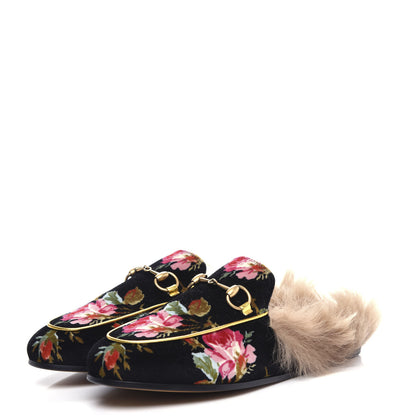 Gucci Velvet Fur Floral Womens Princetown Slippers 36 Black 3 of 10