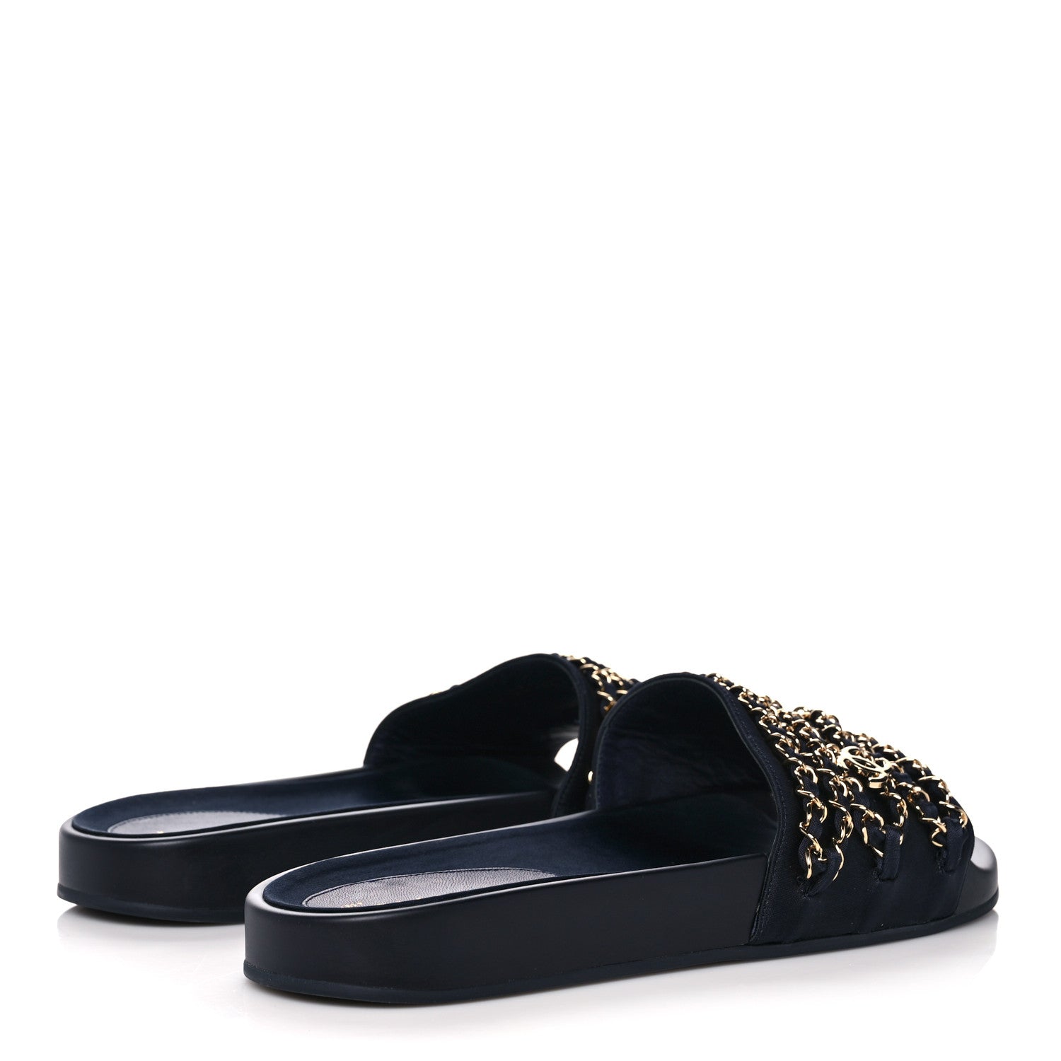 Chanel Satin Canvas Chain Slides Sandals Flats 40 Marine 4 of 10