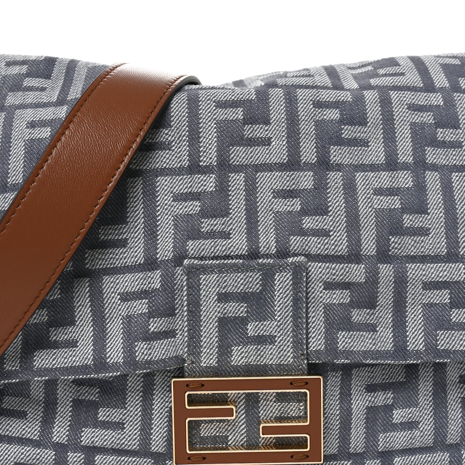 Fendi Denim Effect Fabric Jacquard FF Vitello Grace Medium Mamma Baguette Blue 7 of 9