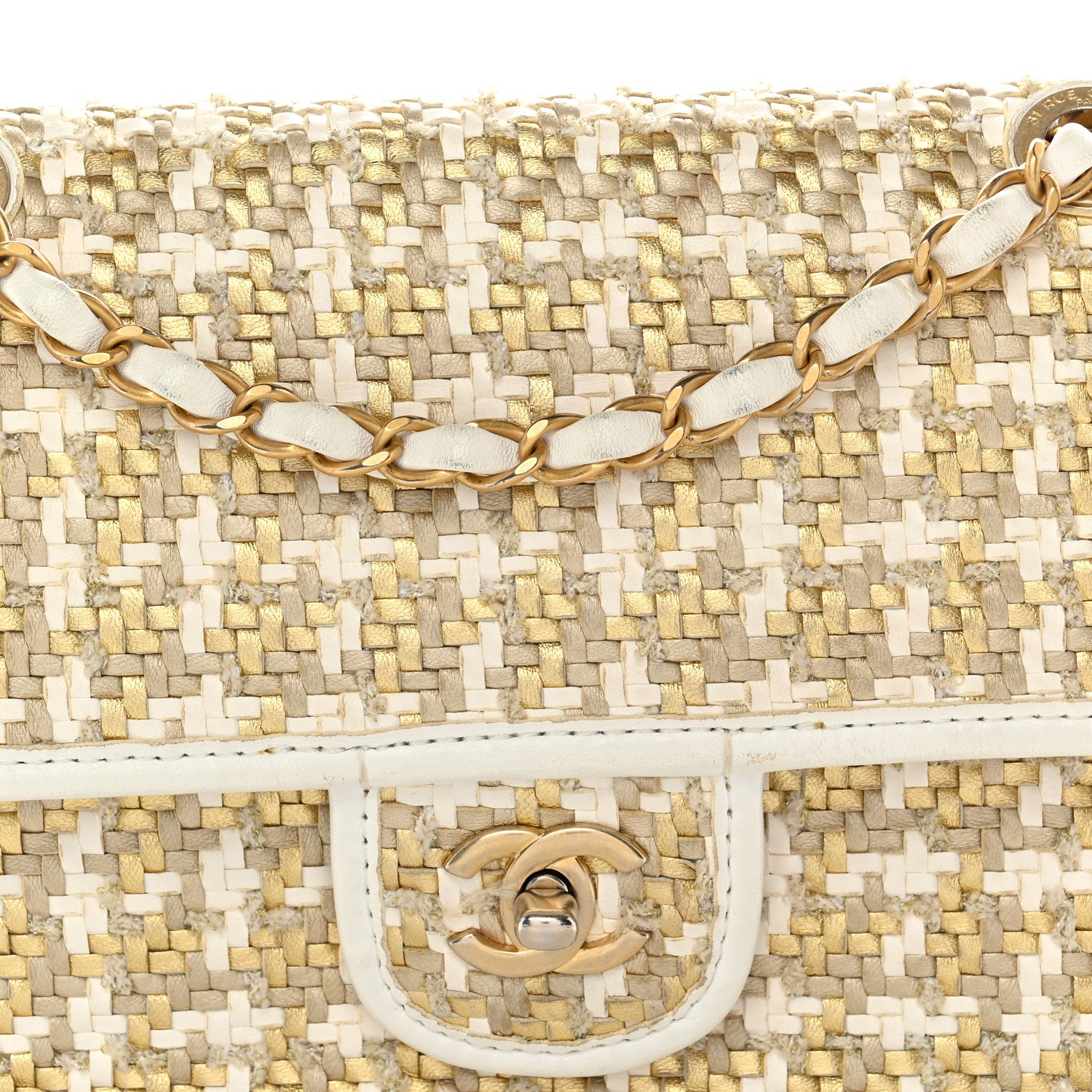 Chanel Metallic Lambskin Viscose Woven Flap Gold White 8 of 15