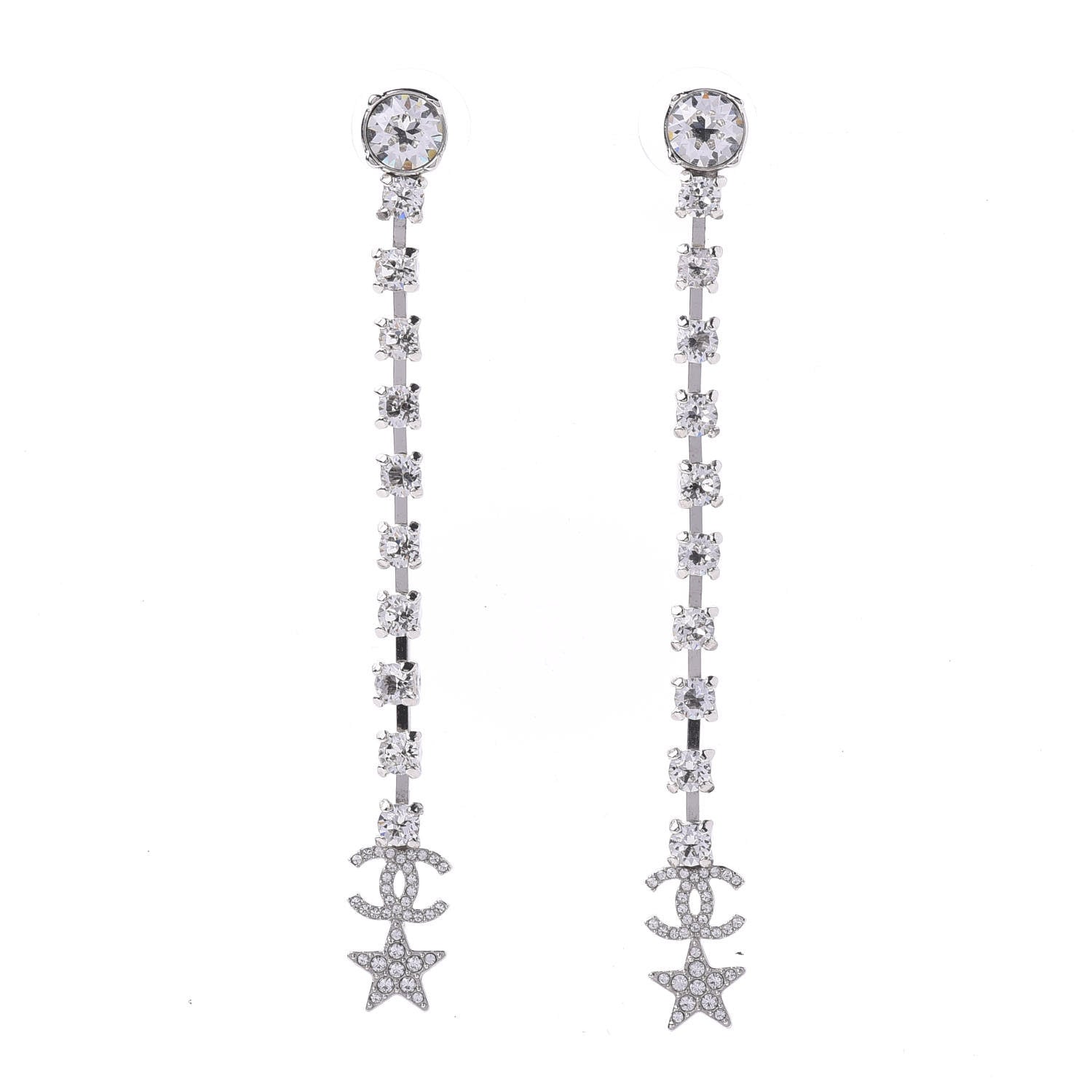 Chanel Crystal Starfall Drop Long CC Earrings Silver 1 of 5