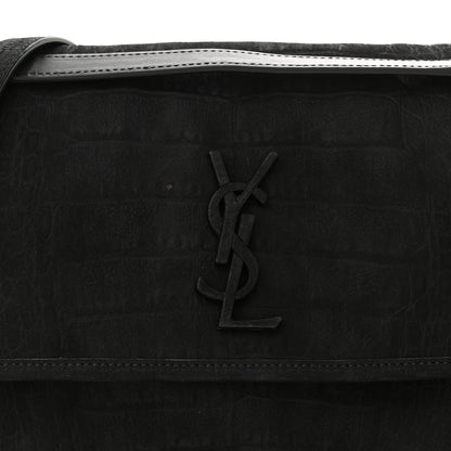 Saint Laurent Nubuck Crocodile Embossed Monogram Medium Niki Chain Satchel Black 8 of 10