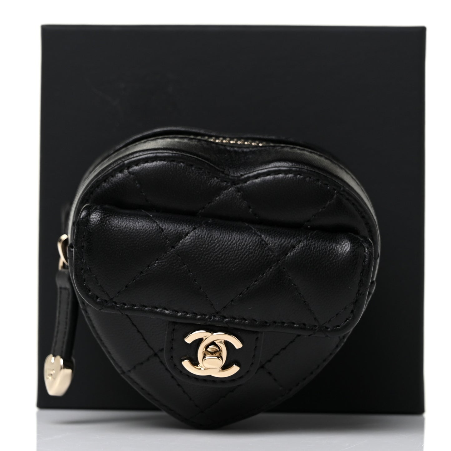 Lambskin Quilted CC In Love Heart Zipped Arm Coin Purse Black