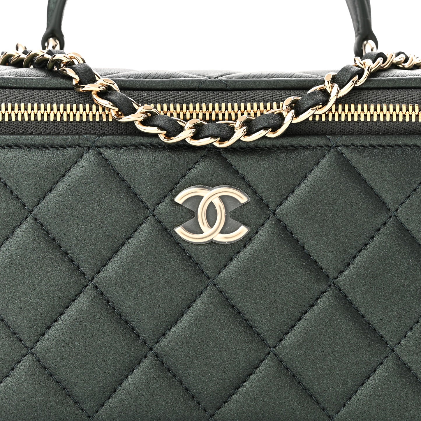 Iridescent Lambskin Quilted Small Top Handle Vanity Case With Chain Dark Green