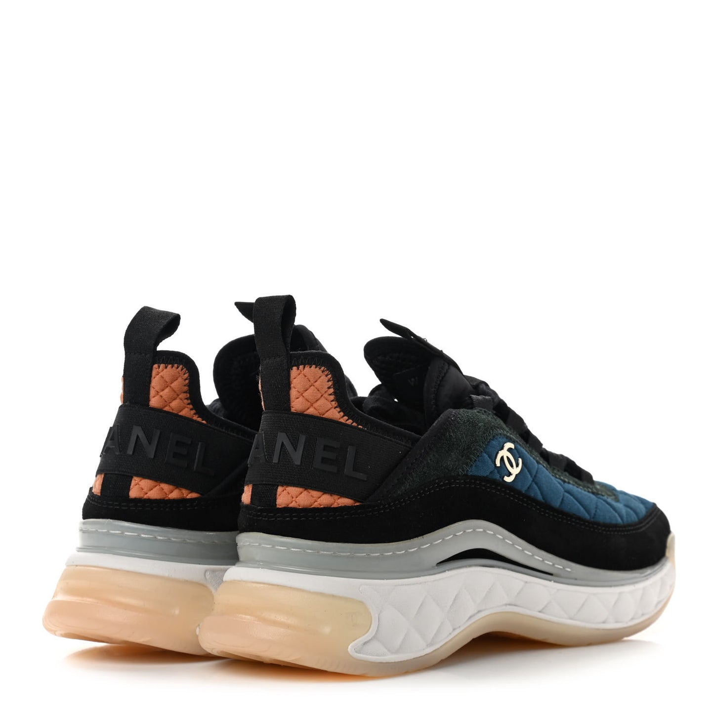 Fabric Suede Calfskin CC Sneakers 37.5 Dark Blue Dark Green Light Orange
