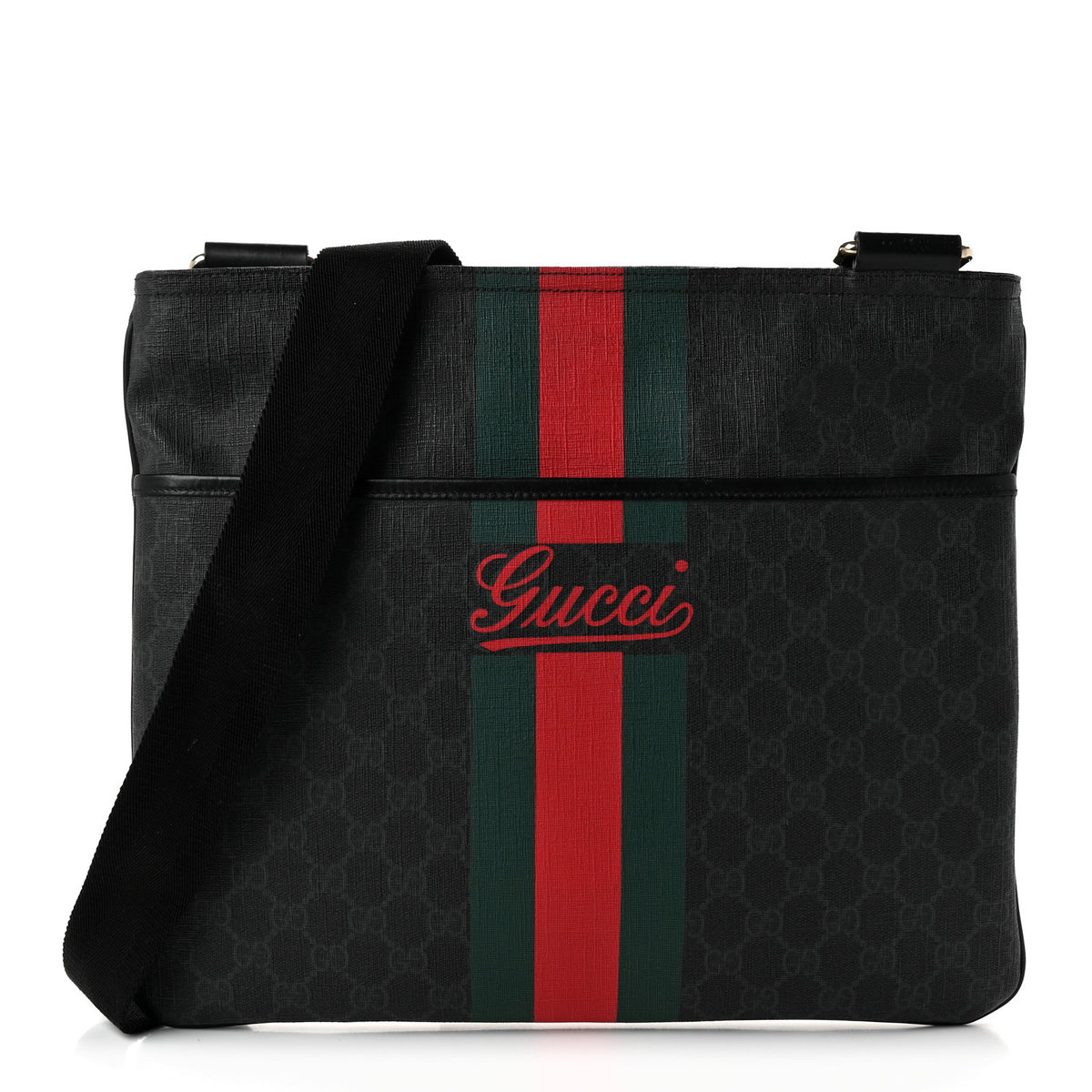GG Supreme Monogram Web Medium Flat Messenger Bag Black Grey