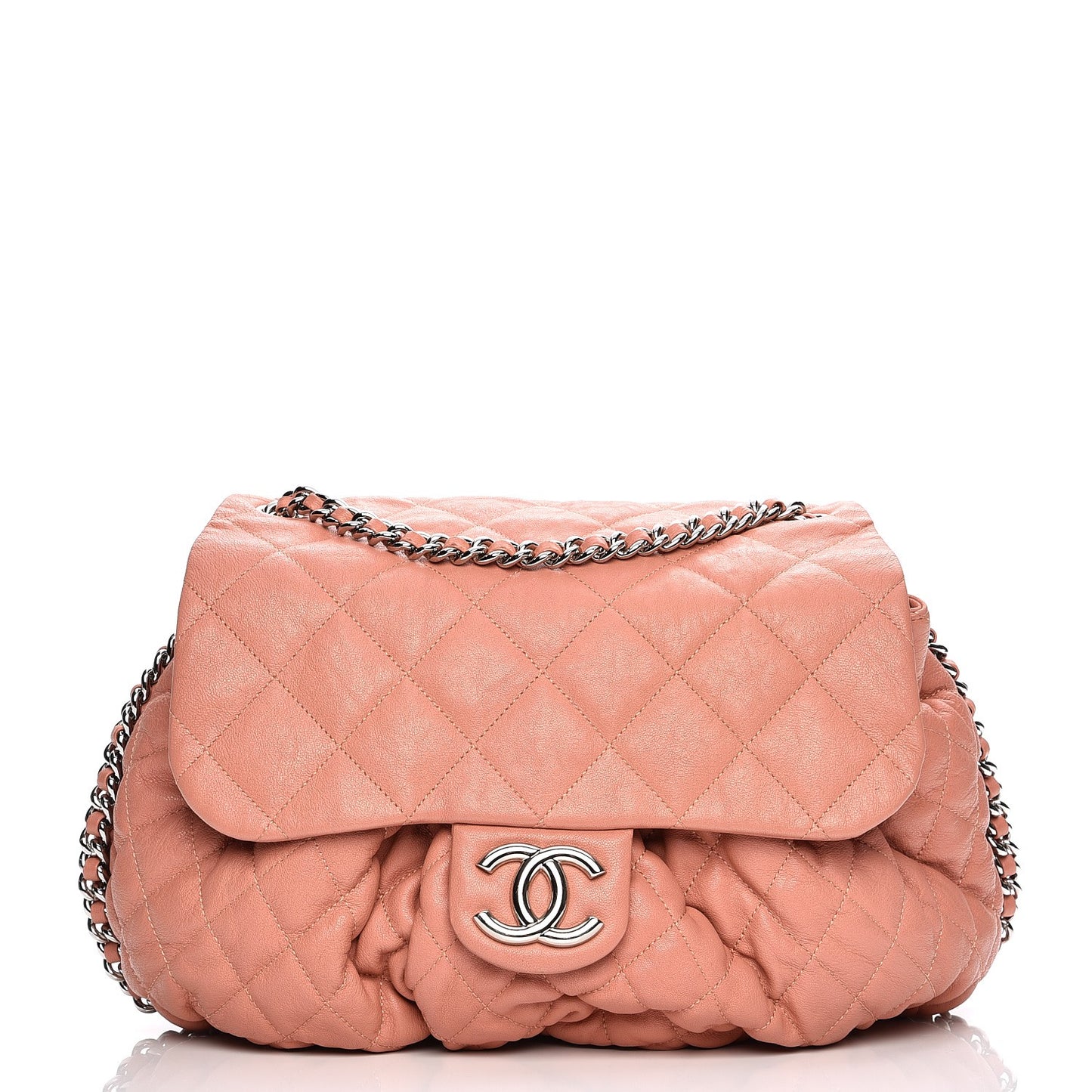 Washed Lambskin Quilted Large Chain Around Flap Pink