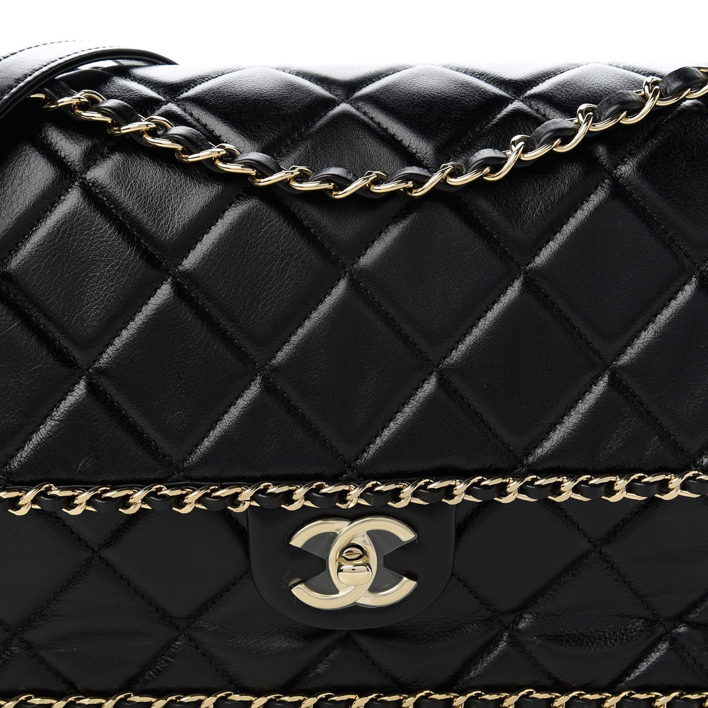 Crumpled Calfskin Quilted Large Chain All Over Flap Bag Black