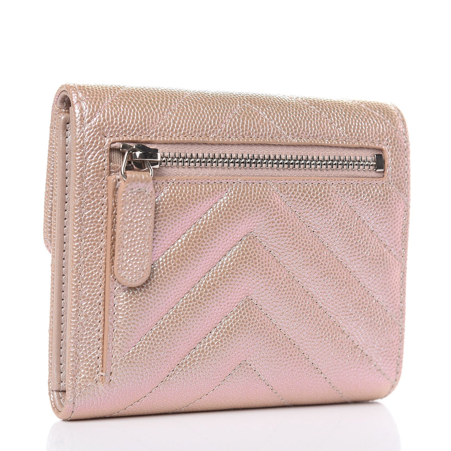 Metallic Caviar Chevron Quilted Compact Flap Wallet Light Gold