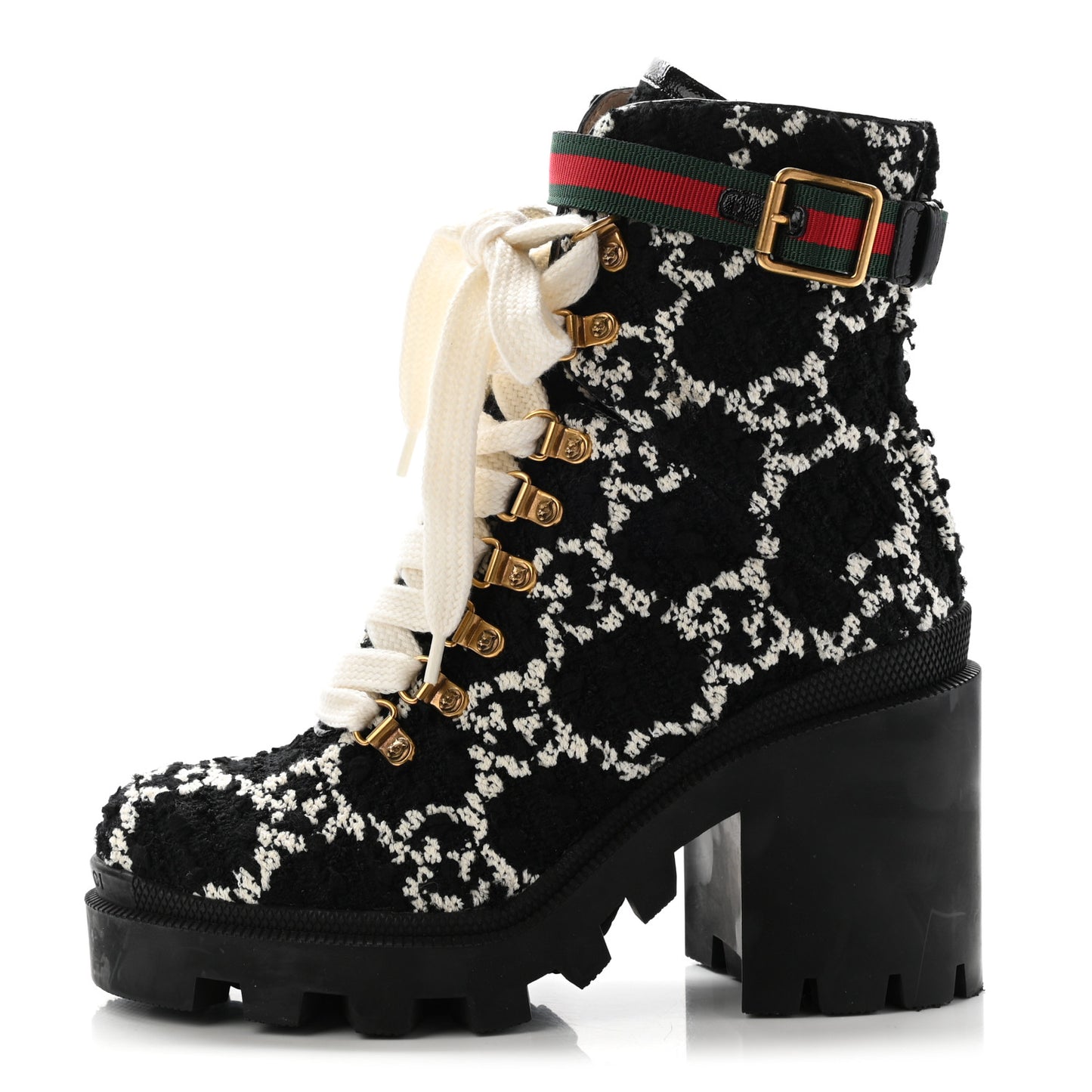 Tweed GG Monogram Lace Up Combat Ankle Boots 36.5 Black