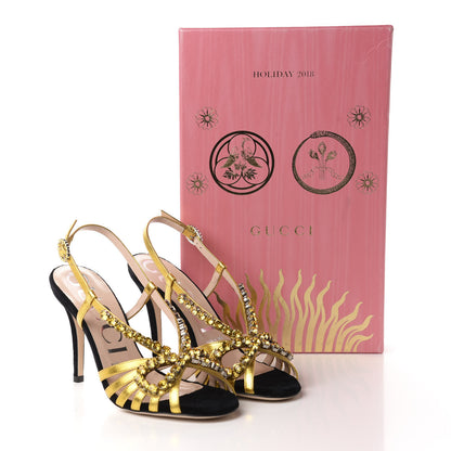 Gucci Velvet Nappa Crystal Zephyra Slingback High Heel Sandals 36.5 Black Gold 8 of 8