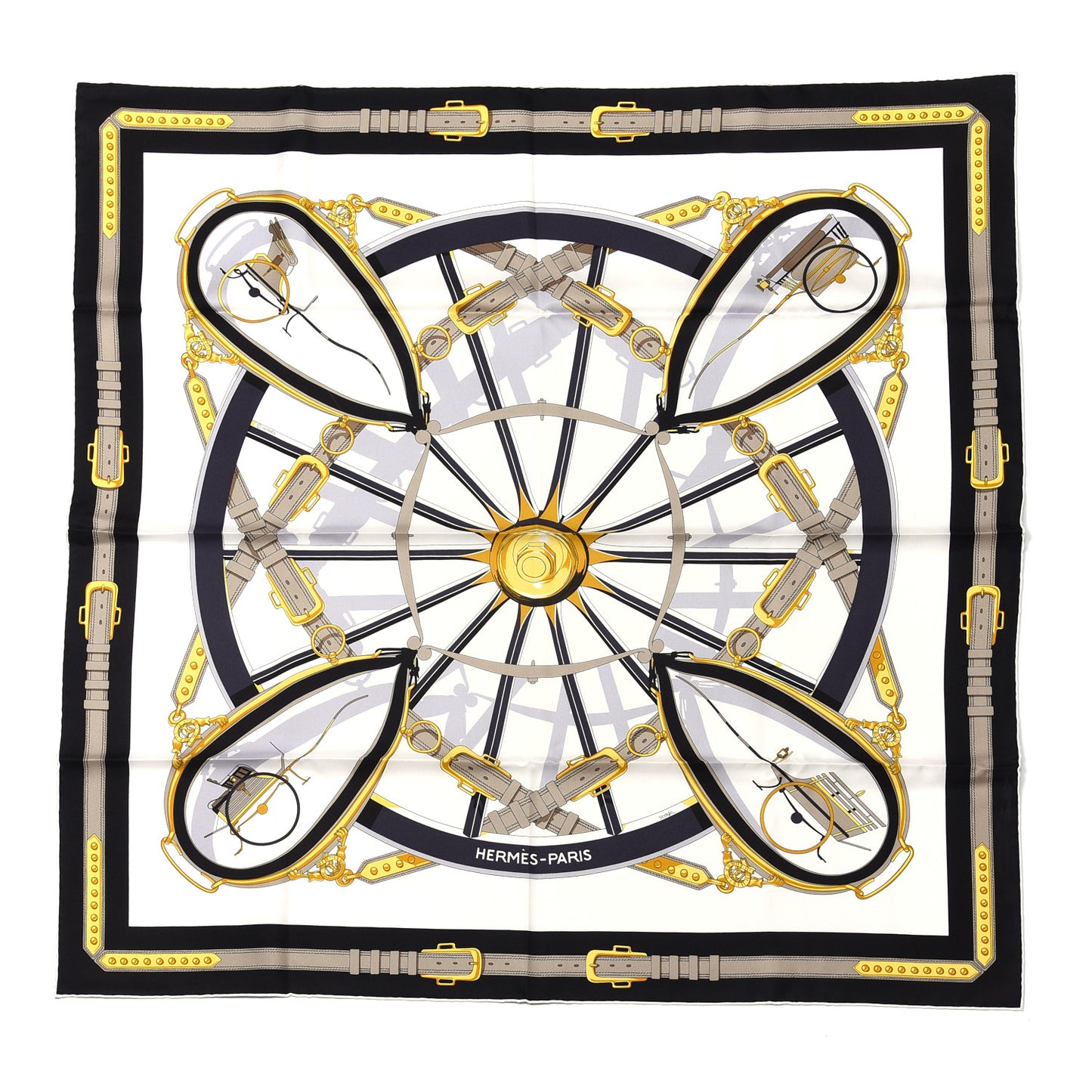 Silk En Roue Libre Scarf 90 White Black Gold