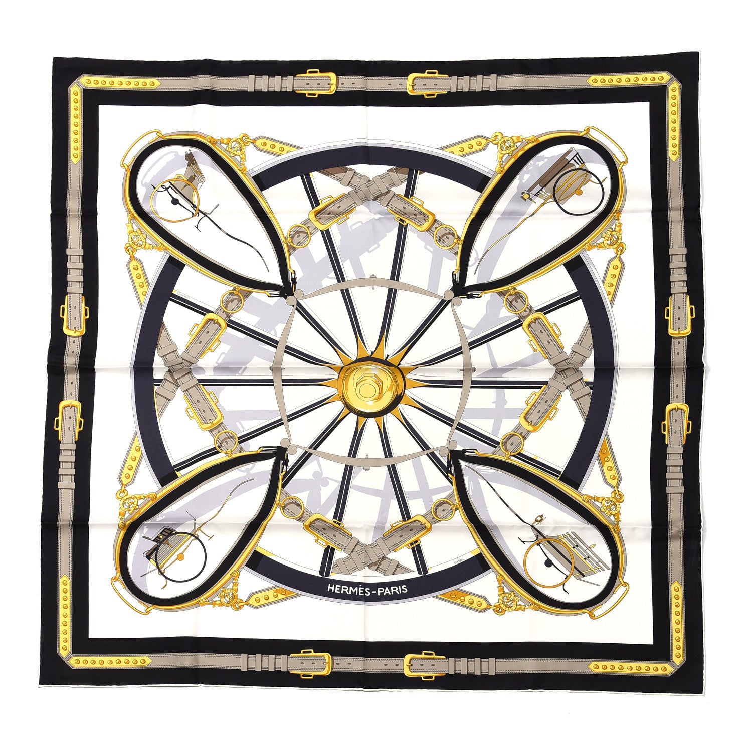 Hermes Silk En Roue Libre Scarf 90 White Black Gold 1 of 4