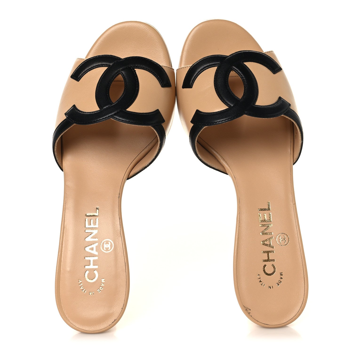 Chanel Lambskin CC Cutout Mules 37.5 Beige Black 2 of 11