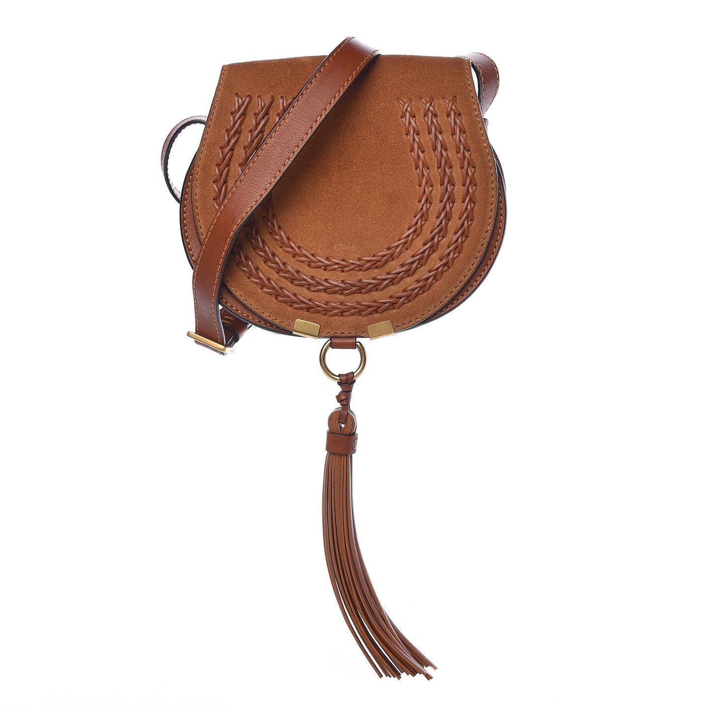 Suede Calfskin Braided Mini Marcie Round Crossbody Bag Caramel