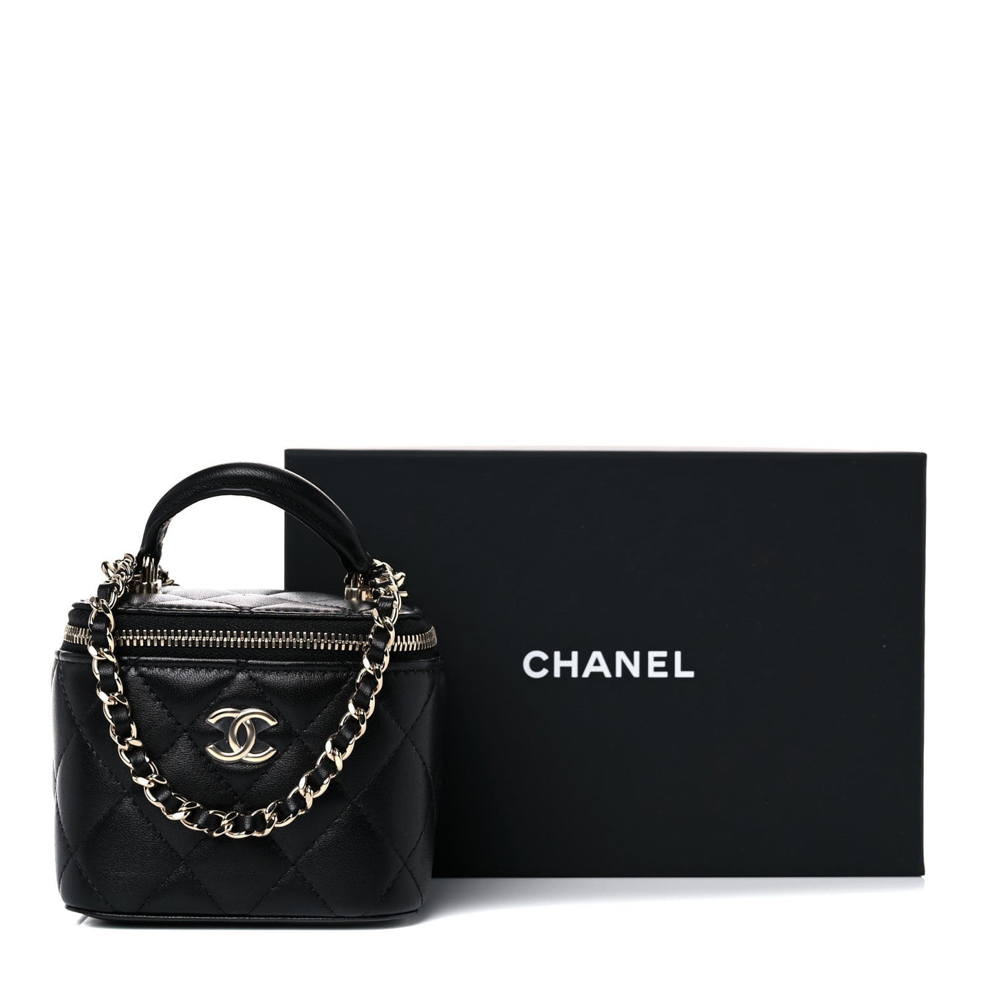 Lambskin Quilted Top Handle Mini Vanity Case With Chain Black