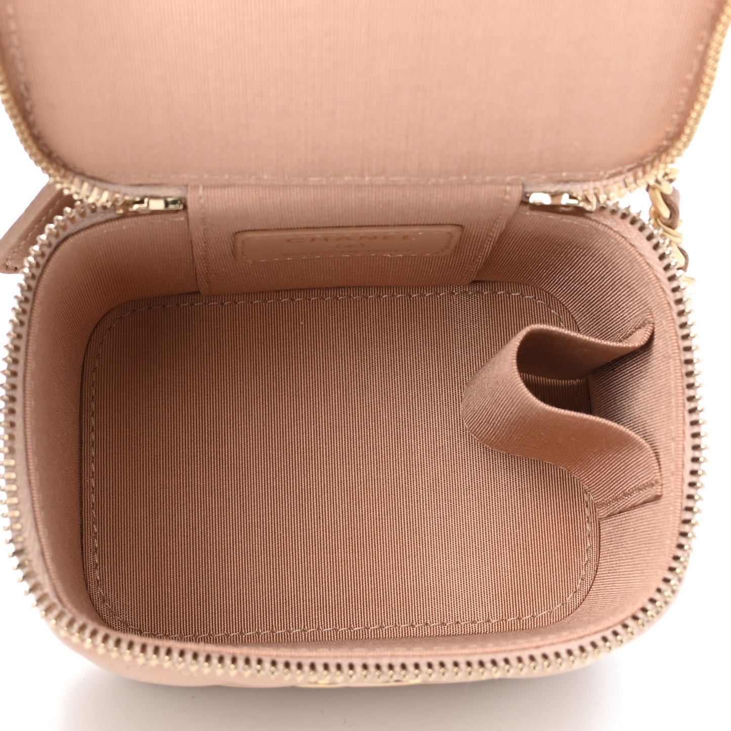 Lambskin Quilted Top Handle Mini Vanity Case With Chain Beige