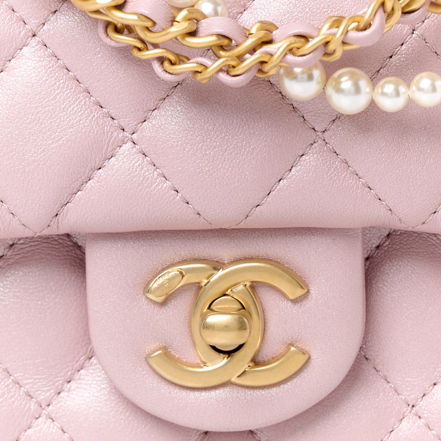 Shiny Lambskin Quilted Pearl Twist Mini Square Flap Light Pink