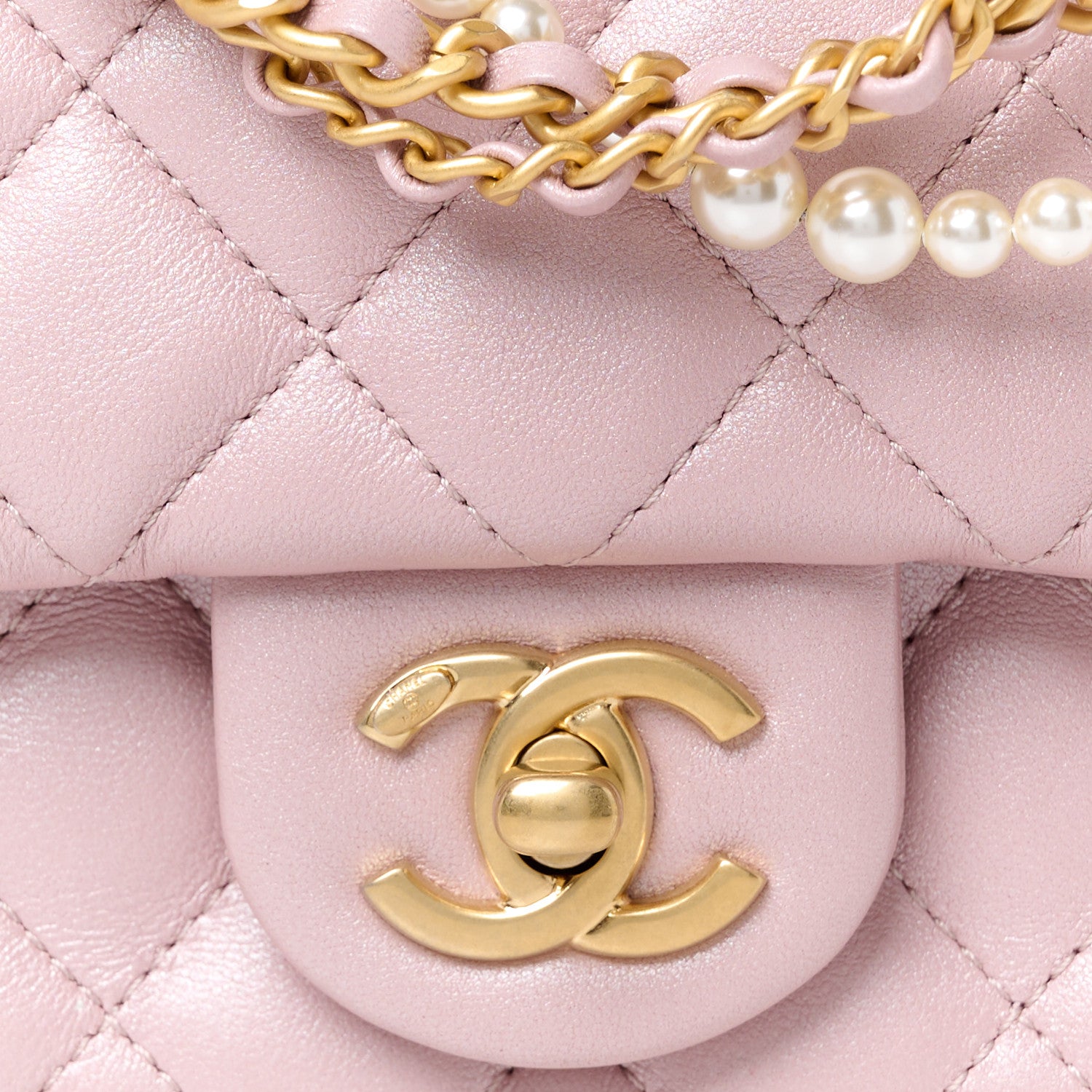 Chanel Shiny Lambskin Quilted Pearl Twist Mini Square Flap Light Pink 9 of 12