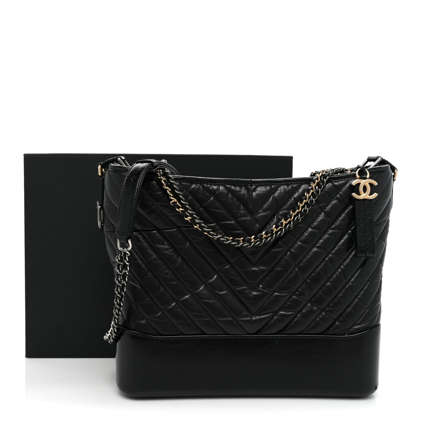 Aged Calfskin Chevron Quilted Large Gabrielle Hobo Black