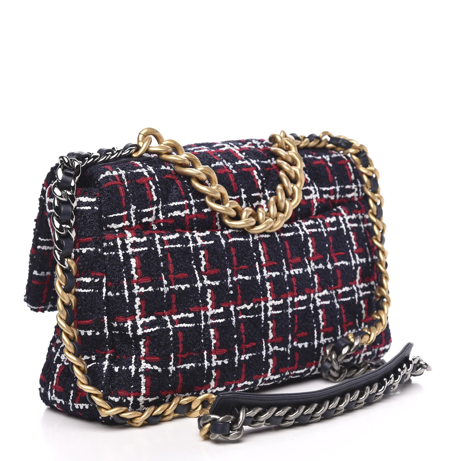 Chanel Tweed Quilted Large 19 Flap Navy Blue White Red 3 of 10