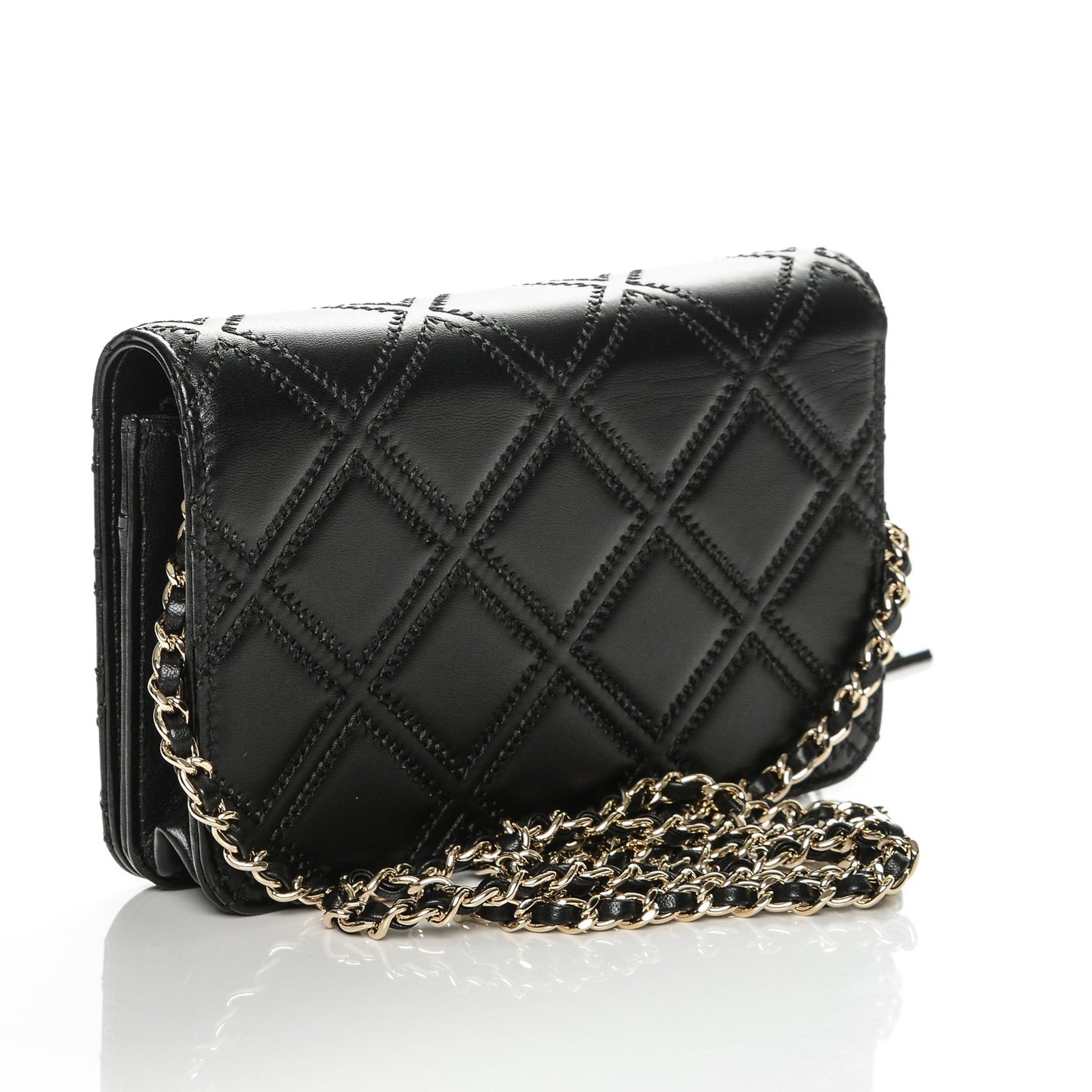 Lambskin Quilted Double Stitch Tassel Wallet On Chain WOC Black