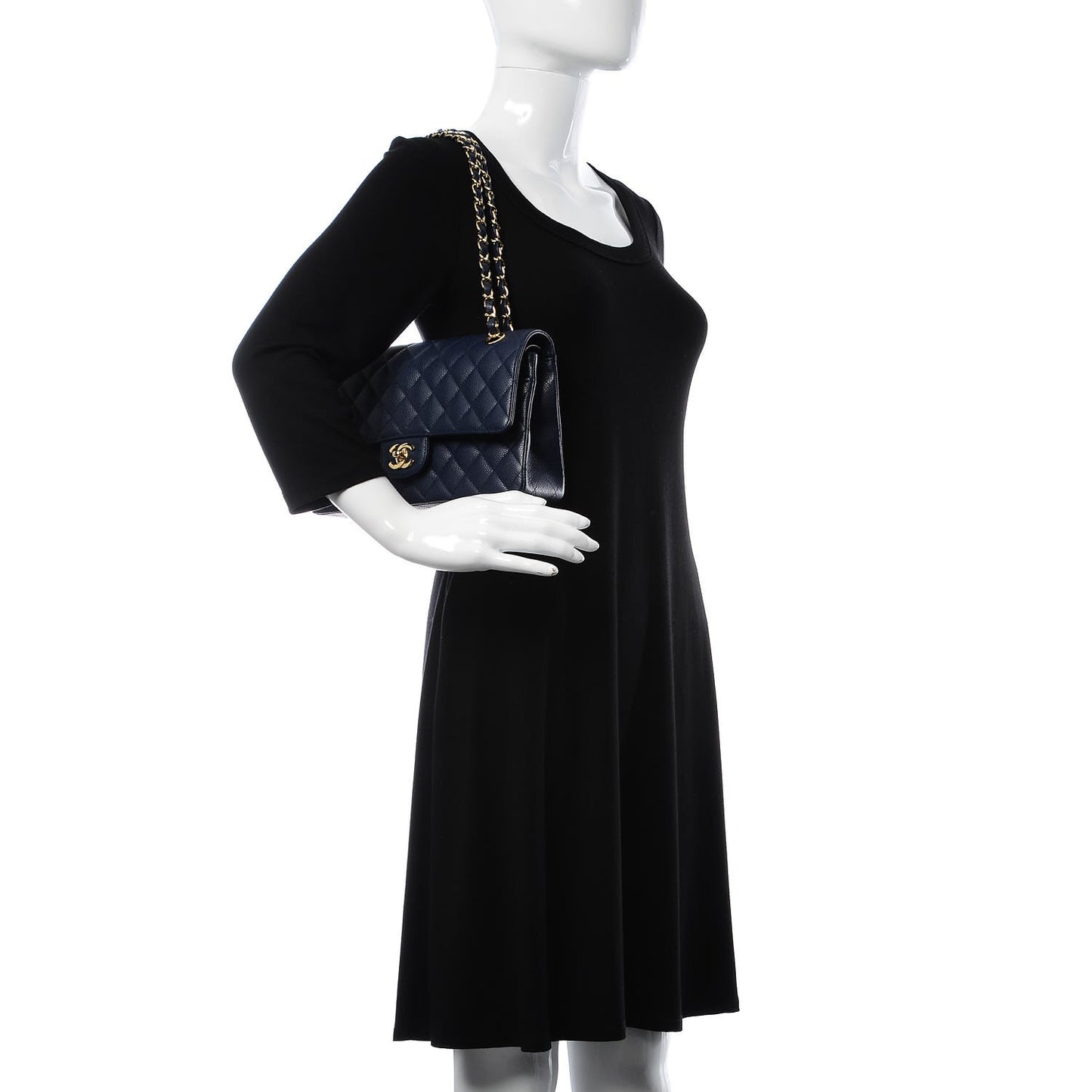 Caviar Quilted Medium Double Flap Dark Blue