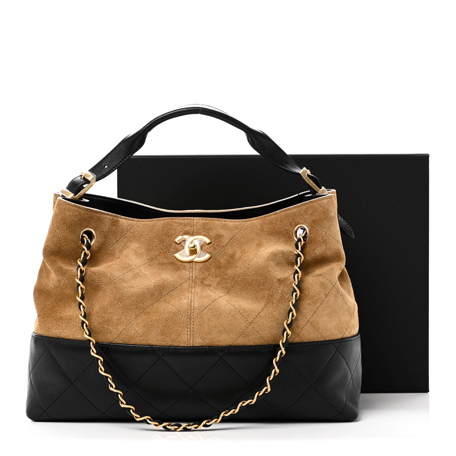 Chanel Suede Calfskin Shiny Lambskin Quilted Small Coco Base Shopping Bag Beige Black 11 of 11