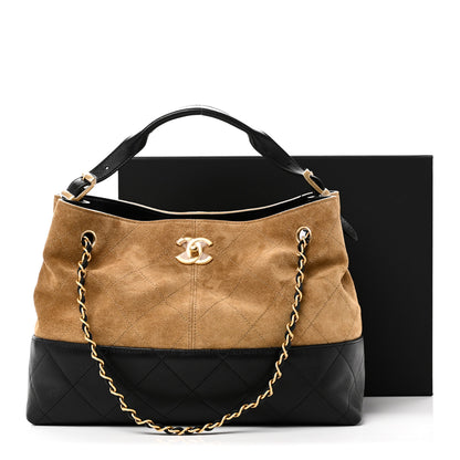 Chanel Suede Calfskin Shiny Lambskin Quilted Small Coco Base Shopping Bag Beige Black 11 of 11