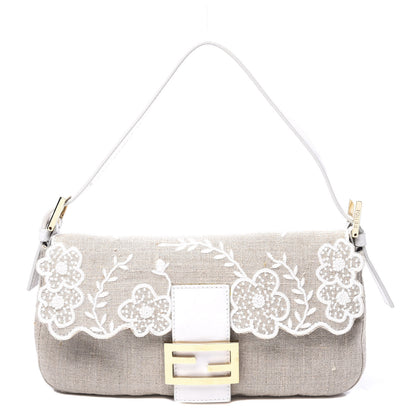 Fendi Linen Embroidered Baguette Beige White 1 of 11
